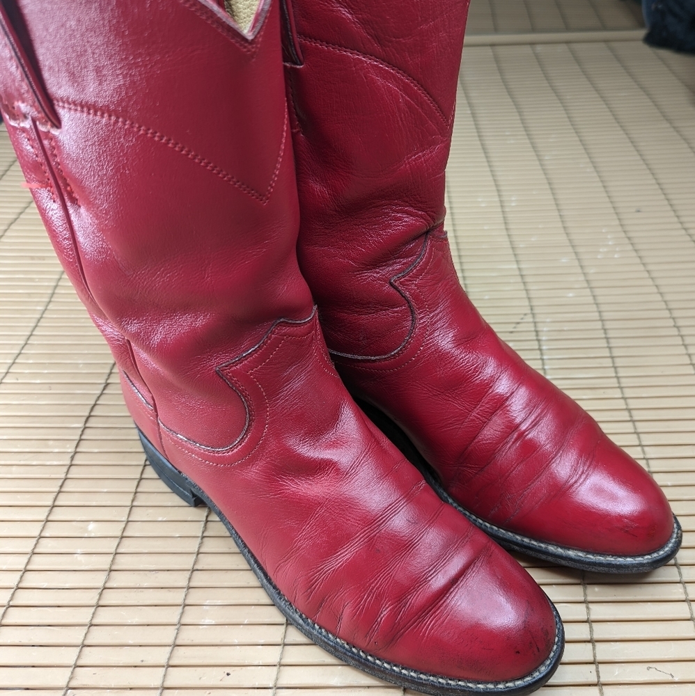Justin Women's  L 3055 Wild Red Leather Roper Western Cowboy Boots, 6.5C USA Mad